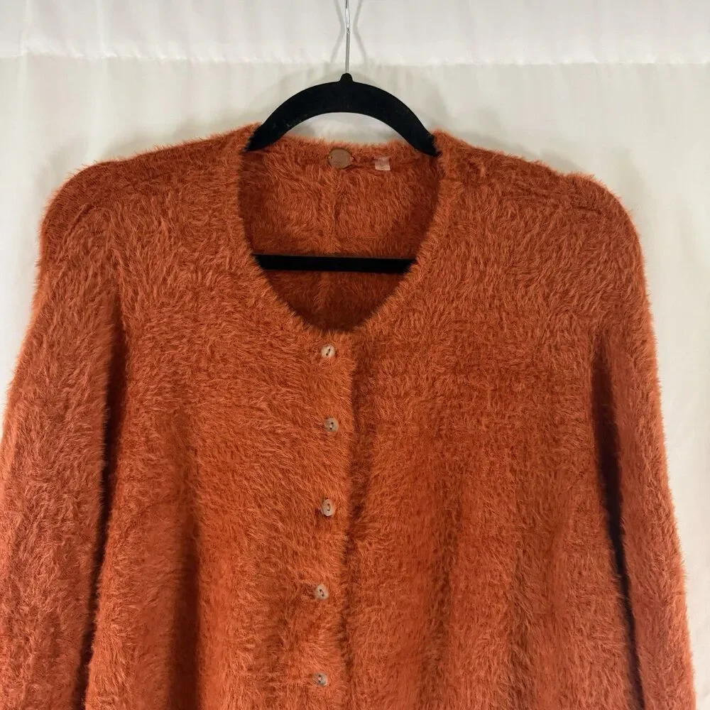 Free People One Sweater Women's Large Orange Button Front Soft Faux Fur